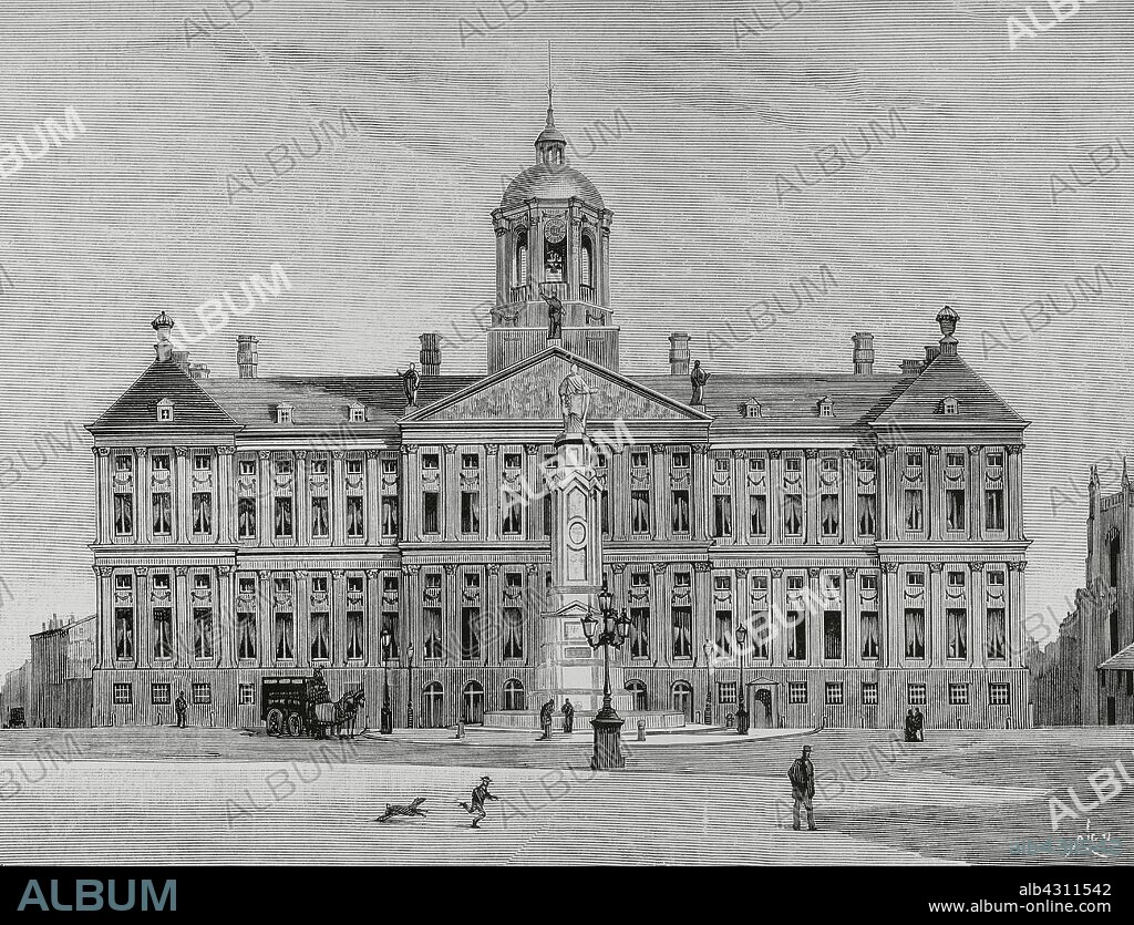 Holanda. Amsterdam. Palacio Real. Construido en estilo arquitectónico clasicista como ayuntamiento de la ciudad durante la Edad de Oro neerlandesa, siglo XVII. Actualmente palacio de la Casa Real de los Países Bajos. Plaza Dam. Dibujo por Nao. Grabado por Rico. La Ilustración Española y Americana, 8 de agosto de 1883.