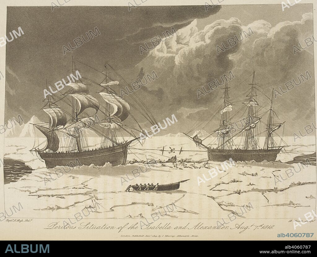 JOHN ROSS. Perilous situation of the Isabella and Alexander, Aug. 7th 1818. Voyage of Discovery, made under the orders of the Admiralty, in his Majesty's ships Isabella and Alexander for the purpose of exploring Baffin's Bay, and enquiring into the possibility of a North-West Passage. London : cxlix. J. Murray, 1819. Source: G.7399 plate opposite page 77.