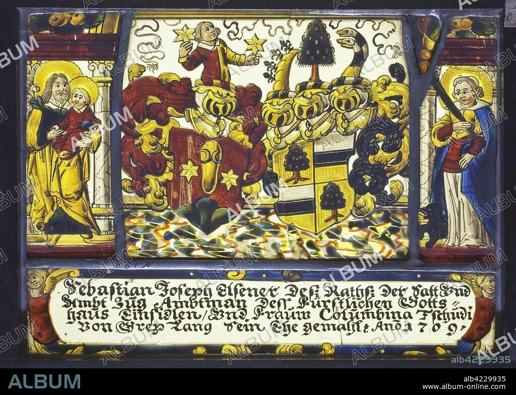 UNKNOWN MASTER FROM ZUG. 'Eisener - Tschudi von Creplang Wedding Stained Glass'. Switzerland, 1709. Dimensions: 15,2x21 cm.