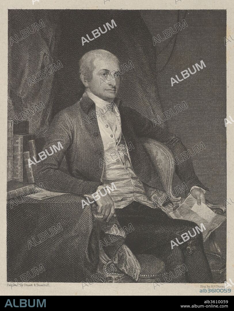 John Jay. Artist: Asher Brown Durand (American, Jefferson, New Jersey 1796-1886 Maplewood, New Jersey); After John Trumbull (American, Lebanon, Connecticut 1756-1843 New York); After Gilbert Stuart (American, North Kingston, Rhode Island 1755-1828 Boston, Massachusetts). Dimensions: plate: 9 3/4 x 6 9/16 in. (24.8 x 16.7 cm). Publisher: James Herring (American, 1794-1867). Sitter: John Jay (American, 1745-1829). Date: 1834.