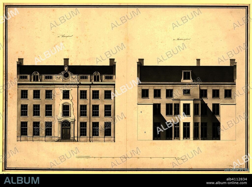 Architectural design drawing of the front and rear fa?ade of the Kops house in Haarlem. Draughtsman: Abraham van der Hart. Dating: 1790. Measurements: h 491 mm × w 705 mm.