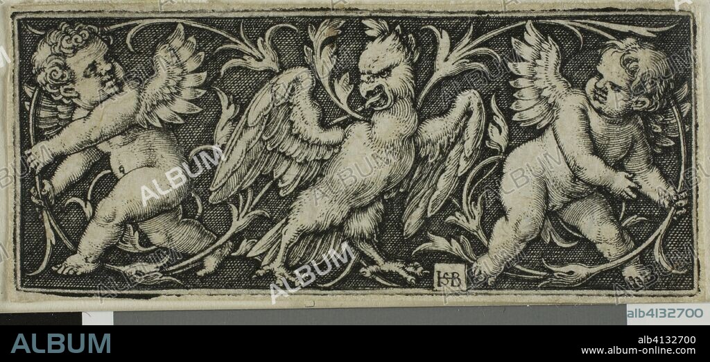 HANS SEBALD BEHAM. Ornament with an Eagle and Two Genii, from Four Vignettes. Sebald Beham; German, 1500-1550. Date: 1539-1549. Dimensions: 22 x 52 mm (image/plate); 23 x 53 mm (sheet). Engraving in black on ivory laid paper. Origin: Germany.