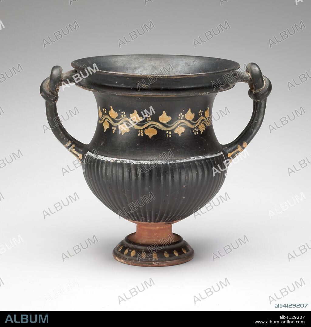 ANCIENT GREEK. Kantharos (Drinking Cup). Greek; Apulia, Italy. Date: 300 BC-275 BC. Dimensions: 15.4 × 18  × 13.3 cm (6 1/8 × 7 1/8 × 5 1/4in.). Terra-cotta, Late Gnathia ware. Origin: Apulia.