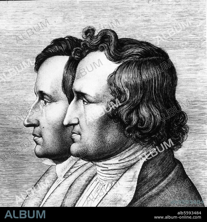Grimm, Jacob; Germanist; (Hanau 4.1.1785 - Berlin 20.9.1863) and his brother Wilhelm Grimm; Germanist; (Hanau 24.2.1786 - Berlin 16.12.1859). "Wilhelm (left) and Jakob Grimm". Etching, 1843, by Ludwig Emil Grimm. (1790-1863).