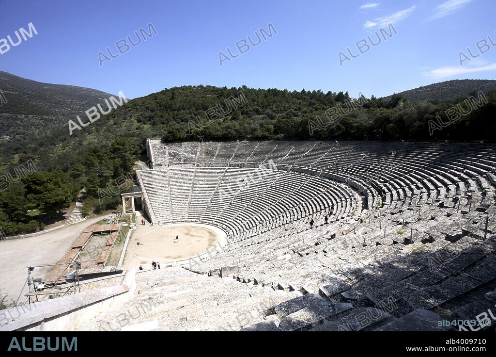 The Greek theatre at Epidauros, Greece. This magnificent theatre is, perhaps, the best preserved of the ancient world. It was build around 350 BC by Polykleitos the Younger. The enormous cavea can accommodate between 12,000 to 15,000 spectators The first three rows with finely decorated seats were reserved for city officials. The theatre is marveled for its exceptional acoustics, which permits almost perfect intelligibility of unamplified spoken word from the proscenium or skene to all 15,000 spectators, regardless of their seating. This image is displayed at the British Museum, London.