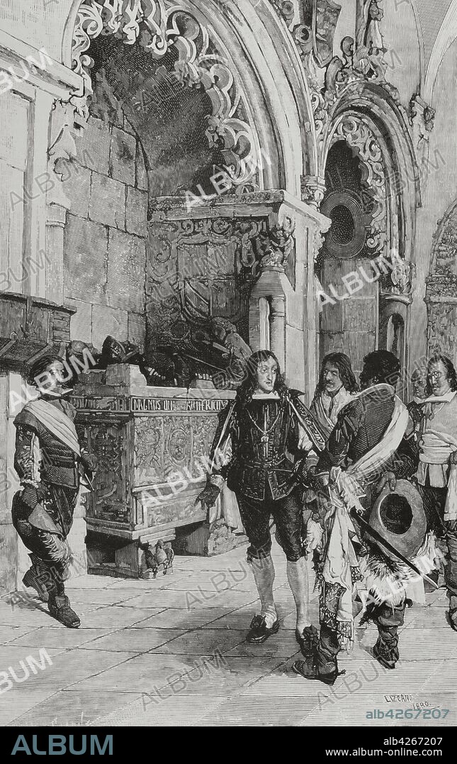 Charles II of Spain (1661-1700), so-called Charles "the Bewitched". King of Spain (1665-1700), the last monarch of the Spanish Habsburg dynasty. King Charles II visiting the Monastery of San Pedro de Carde–a, in Castrillo del Val (Burgos province), Spain. Engraving by Tom‡s Carlos Capuz (1834-1899) after a painting by Angel Lizcano (1880). La Ilustracion Espa–ola y Americana, 1881.