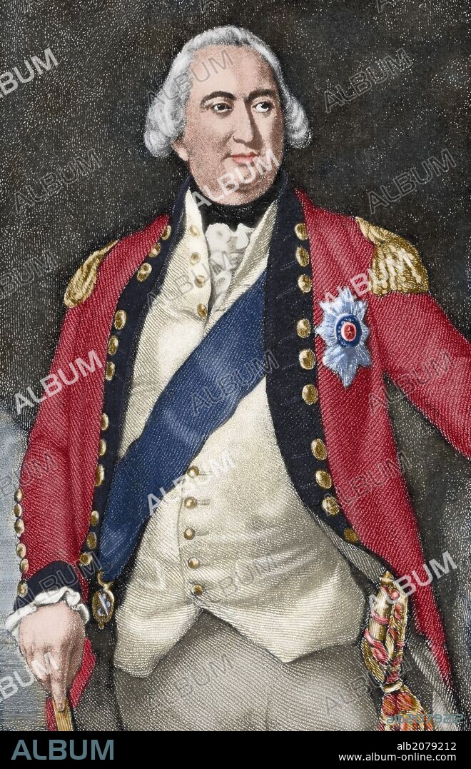 Charles Cornwallis, primer Marqués de Cornwallis (1738-1805). Militar y gobernador colonial inglés. Participó en la Guerra de Independencia de los Estados Unidos, en la Guerra de los Siete Años y la de Irlanda. Grabado coloreado.