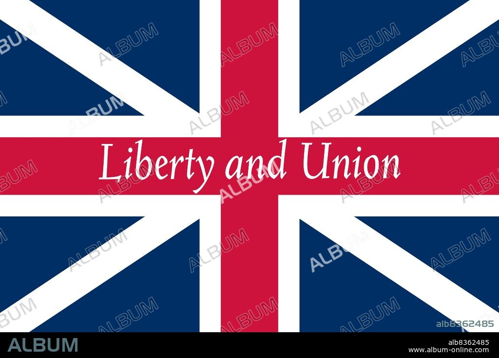 Historical flag of the United States of America. First raised Oct. 21, 1774, at Taunton, MA, this flag added the American watchwords “Liberty and Union” to the Brit. Red Ensign.