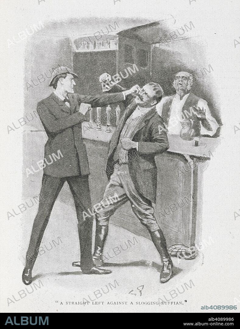 ARTHUR CONAN DOYLE and SYDNEY PAGET. "A straight left against a slogging ruffian." Illustration for the story 'the adventure of the solitary cyclist." In the series of stories, 'the return of Sherlock Holmes.' Sherlock Holmes punching a man in the face. . The Strand Magazine. An illustrated monthly. London : George Newnes, 1891-1950. Source: P.P.6004.glk, page 9, January 1904, no.157, vol.xxvii.