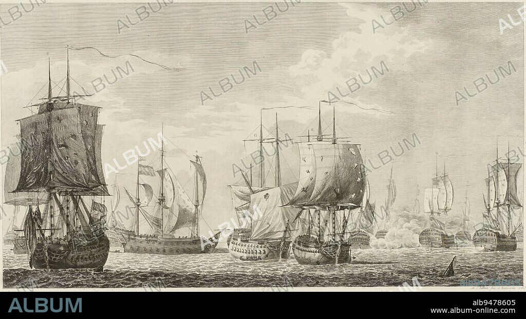 The end of the naval battle at Doggersbank on 5 August 1781 between the Dutch fleet under Archbishop Johan Zoutman and the English fleet under Vice Admiral Hyde Parker. In the margin only a trophy. Part of a series of three plates of the naval battle of Doggersbank, in proof before the letter, End of the naval battle of Doggersbank, 1781 Three plates of the naval battle of Doggersbank during the Fourth English War (series title)., print maker: Mathias de Sallieth, (mentioned on object), intermediary draughtsman: Johan Frederik Reitz, Rotterdam, 1782, paper, etching, engraving, h 307 mm × w 470 mm.