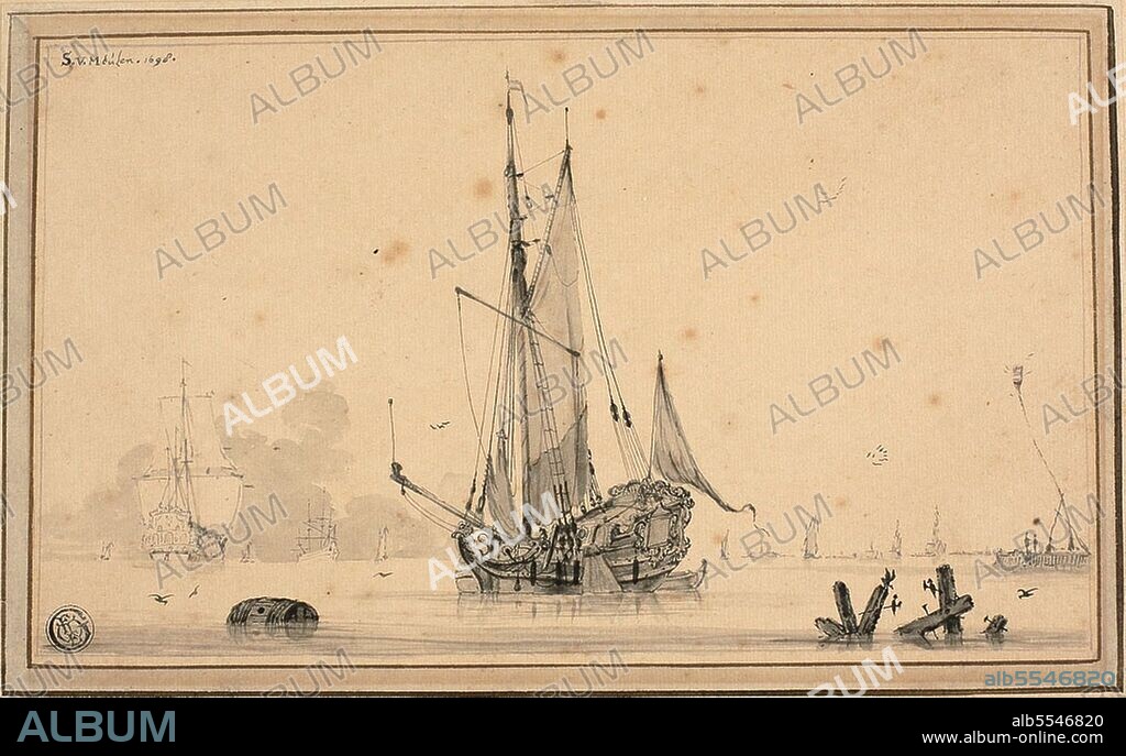 SIEUWERT VAN DER MEULEN. Harbor Scene with Ships at Rest and Piling, 1698.
