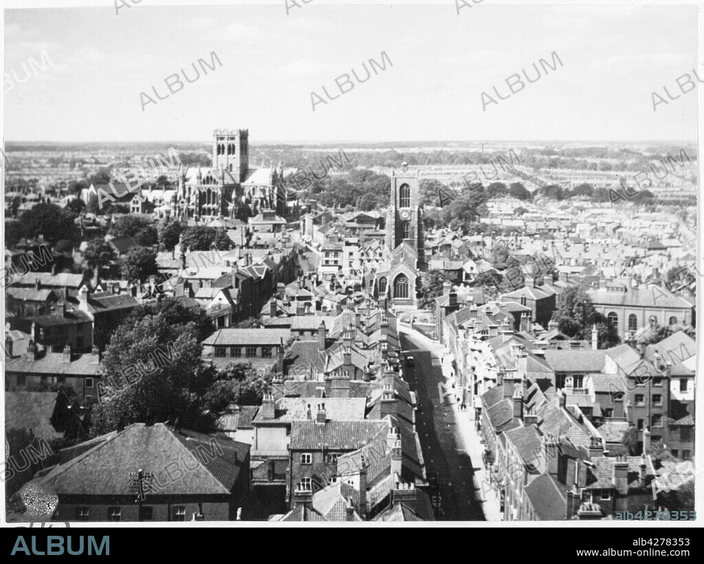 EDWARD CHARLES LE GRICE. St Giles Street, Norwich, Norwich, Norfolk, 1941-1950. A view looking west from the tower of the City Hall along St Giles Street with St Giles's Church in the centre of the frame and St John the Baptist Roman Catholic Cathedral in the distance. Designed by Giles Gilbert Scott and completed in 1910, the cathedral was a parish church at the time of the photgraph. It gained cathedral status in 1976 following the establishment of the new Catholic diocese of East Anglia.