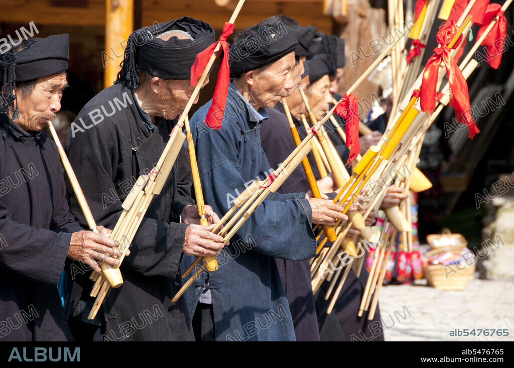 The lusheng (also spelled lu sheng; spelled qeej and pronounced gaeng in the Hmong language) is a Chinese musical instrument with multiple bamboo pipes, each fitted with a free reed, which are fitted into a long blowing tube made of hardwood. It most often has five or six pipes of different pitches, and is thus a polyphonic instrument. It comes in sizes ranging from very small to several meters in length. The Miao are a linguistically and culturally related group of people recognized by the government of the People's Republic of China as one of the 55 official minority groups. Miao is a Chinese term and does not reflect the self-designations of the component sub-groups, which include (with some variant spellings) Hmong, Hmu, A Hmao, and Kho (Qho) Xiong. The Miao live primarily in southern China, in the provinces of Guizhou, Hunan, Yunnan, Sichuan, Guangxi, Hainan, Guangdong, and Hubei. Some members of the Miao sub-groups, most notably Hmong people, have migrated out of China into Southeast Asia (northern Vietnam, Laos, Myanmar (Burma) and Thailand). Following the communist takeover of Laos in 1975, a large group of Hmong refugees resettled in several Western nations (United States, France, Australia, and elsewhere.).