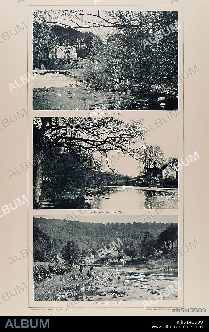 Wilhelm Dreesen, Sinsel & Co, Im Swentinethal bei Kiel und Vor Treseburg im Harz from the portfolio Malerische Bilder, Papier, Lichtdruck, Total: Height: 48,30 cm; Width: 32,50 cm, inscribed and dated: recto: in the printing form: title page and court photographer Wilh. Dreesen, Flensburg, 1894. Lichtdruck von Sinsel & Co, Leipzig-Plagwitz, landscape photography, travel photography, landscape with plants, mountains.