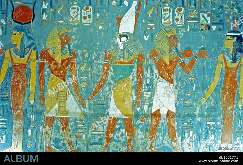 Valley of the Kings, Tomb of Horemheb Pharaoh before Osiris, Isis, Ma'at and Horus 19th Dynasty 1333-1306 BC.