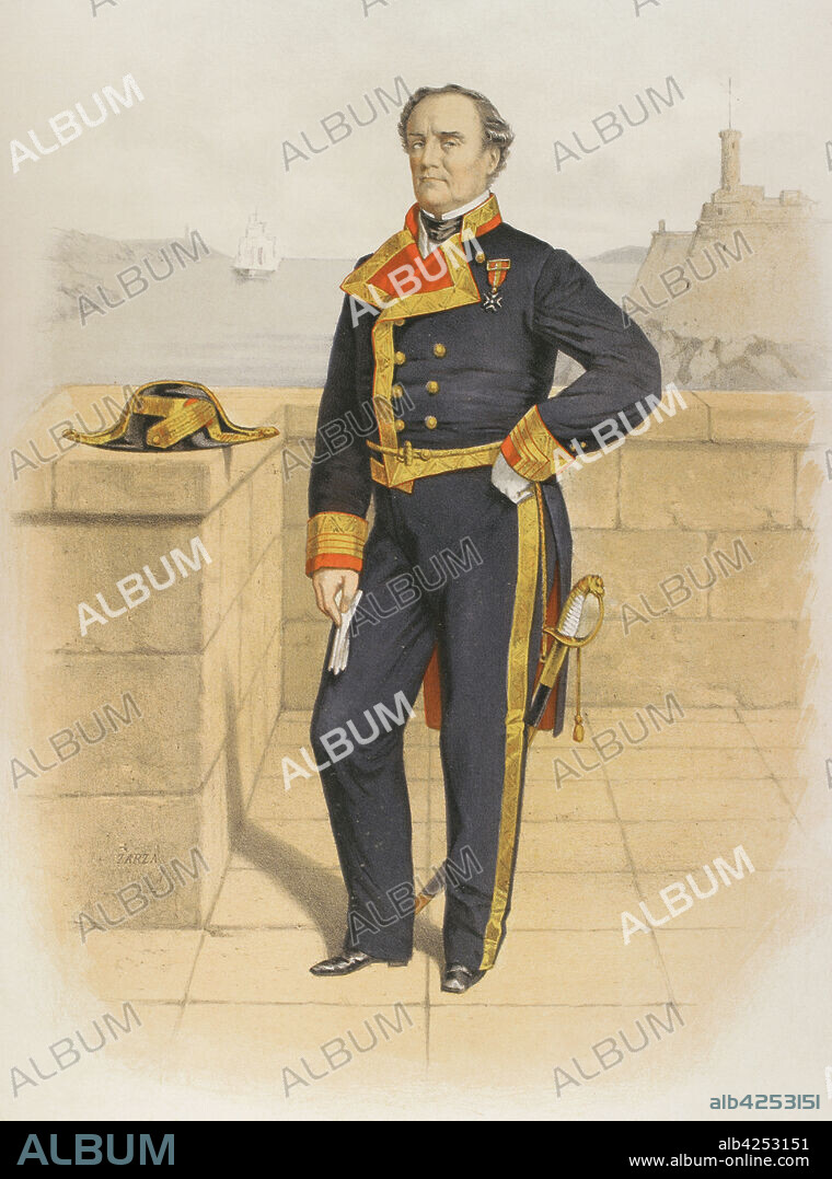 Knight with the naval decoration of the "Cruz de Distinción de la Diadema Real de Marina" (Cross of Distinction of the Royal Naval Diadem). Established in 1816 by King Ferdinand VII of Spain, is the oldest naval decoration in the world. Chromolithography. "Historia de las Ordenes de Caballería y de las Condecoraciones Españolas (History of the Orders of Chivalry and the Spanish Decorations). Madrid, 1865. Spain.