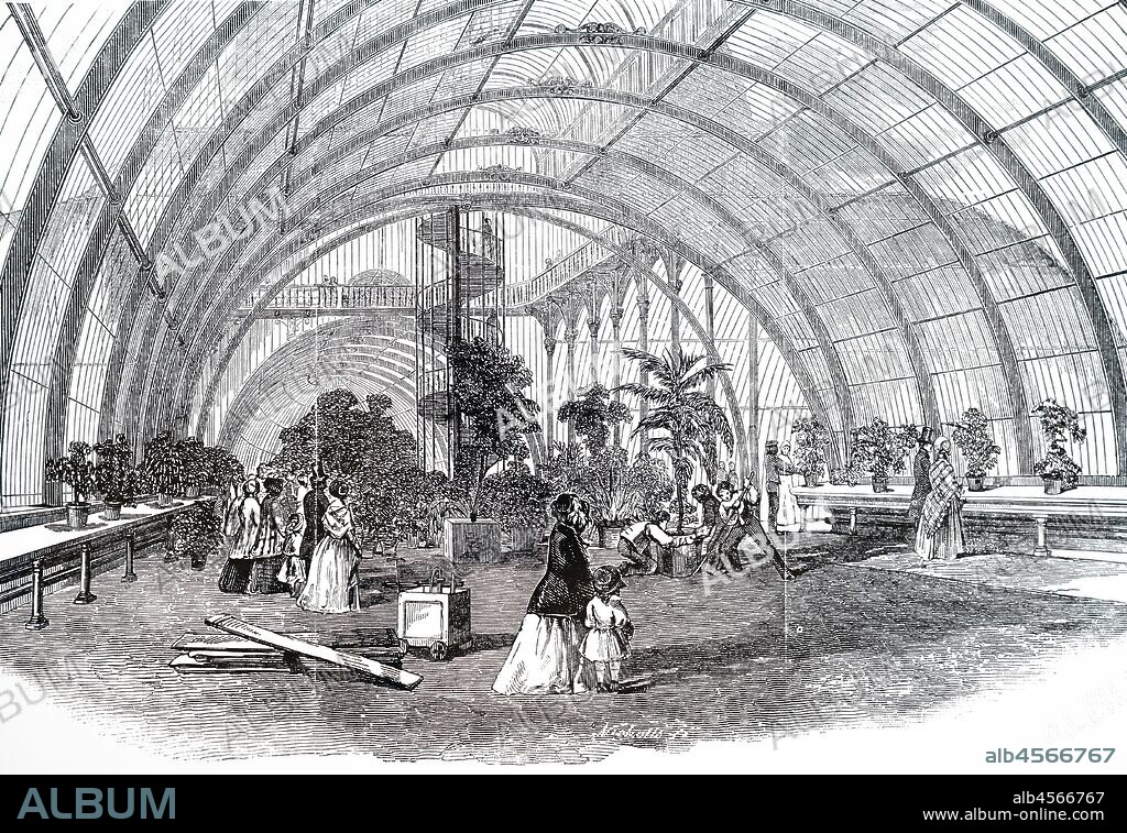 An engraving depicting the Palm house, a greenhouse that is specialised for the growing of palms and other tropical and subtropical plants, Royal Botanical Gardens, Kew Gardens. Dated 19th century.
