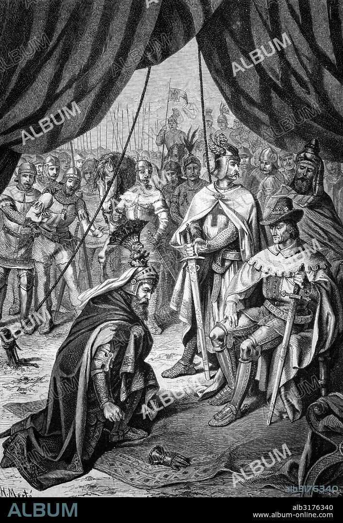 King ottokar of bohemia, bowing himself to the emperor rudolph of hapsburg, ottokar premysl, also known as premysl ottokar, around 1232 - 1278, later named otakar ii and king of bohemia from 1253, rudolf of habsburg, 1218 - 1291, historical engraving of 1883.