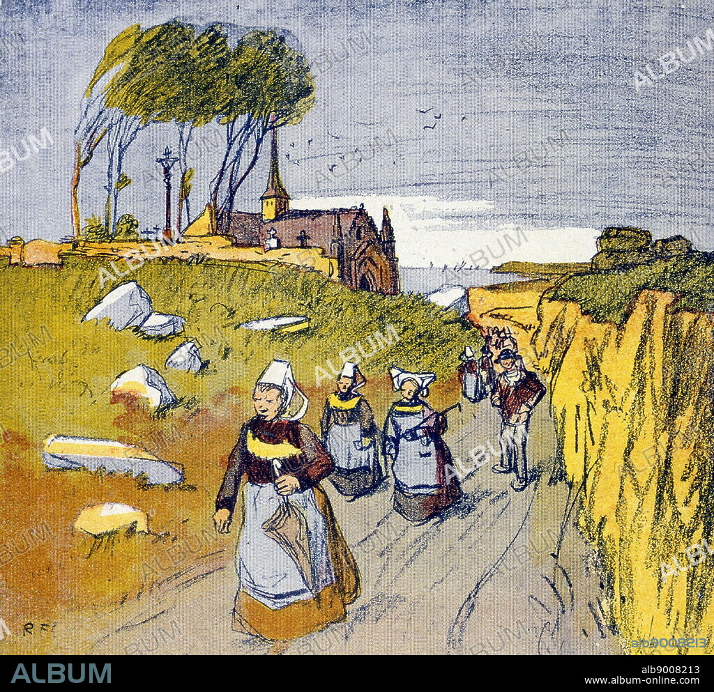 cartoon by Ricardo Florres, depicting pious French Breton women leaving a rural church. 1908.