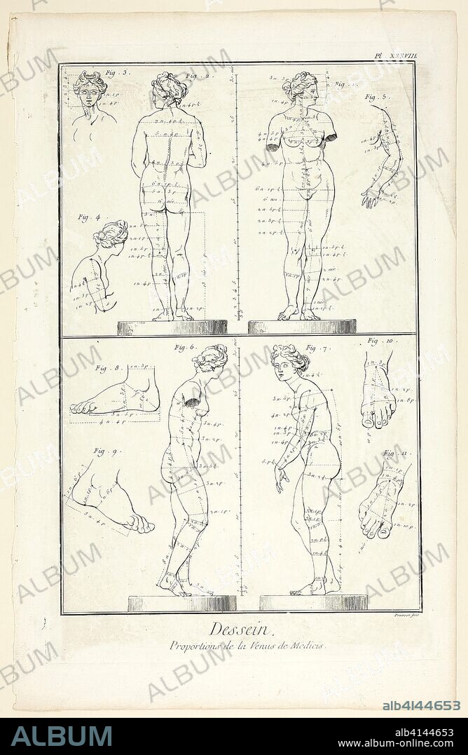 BENOÎT-LOUIS PRÉVOST. Design: Proportions of the Medici Venus, from Encyclopédie. Benoît-Louis Prévost (French, c. 1735-1809); published by André le Breton (French, 1708-1779), Michel-Antoine David (French, c. 1707-1769), Laurent Durand (French, 1712-1763), and Antoine-Claude Briasson (French, 1700-1775). Date: 1762-1777. Dimensions: 316 × 207 mm (image); 355 × 225 mm (plate); 400 × 260 mm (sheet). Etching, with engraving, on cream laid paper. Origin: France.