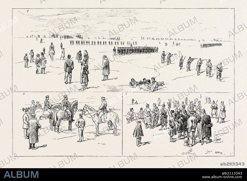 THE CIVIL WAR IN SPAIN: DRILLING REPUBLICAN TROOPS FOR GUERILLA WARFARE IN THE NORTH: 1. Skirmishing. 2. Commander-in-Chief and Staff. 3. After Drill, 1873 engraving.