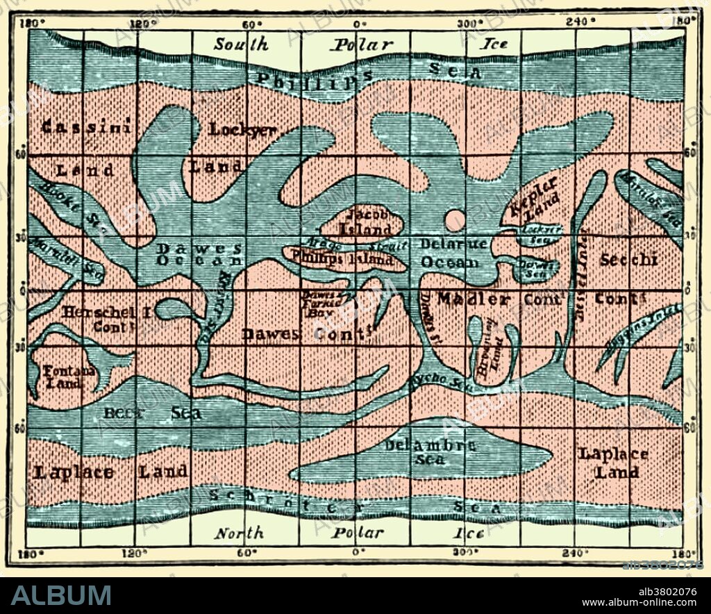 Mars Map. Richard Anthony Proctor (March 23, 1837 - September 12, 1888) was an English astronomer. He is best remembered for having produced one of the earliest maps of Mars in 1867 from 27 drawings by the English observer William Rutter Dawes. Proctor earned a scholarship at St John's College, Cambridge. He graduated in 1860 as 23rd wrangler. He read for the bar, but turned to astronomy and authorship instead, and in 1865 published an article on the Colors of Double Stars. His first book Saturn and its System was published in the same year. The work contained an elaborate account of the phenomena presented by the planet, but although favorably received by astronomers, it had no great sale. He cultivated a more popular style and wrote for a number of periodicals. He became quite popular, and his numerous works had a wide influence in familiarizing the public with the main facts of astronomy. He became a regular contributor to The Intellectual Observer, Chambers Journal and the Popular Science Review. His largest and most ambitious work, Old and New Astronomy, left unfinished at his death, was completed by Arthur Cowper Ranyard and published in 1892. He settled in America some time after his second marriage in 1881, and died of yellow fever in 1888 at the age of 51. This image has been color enhanced.