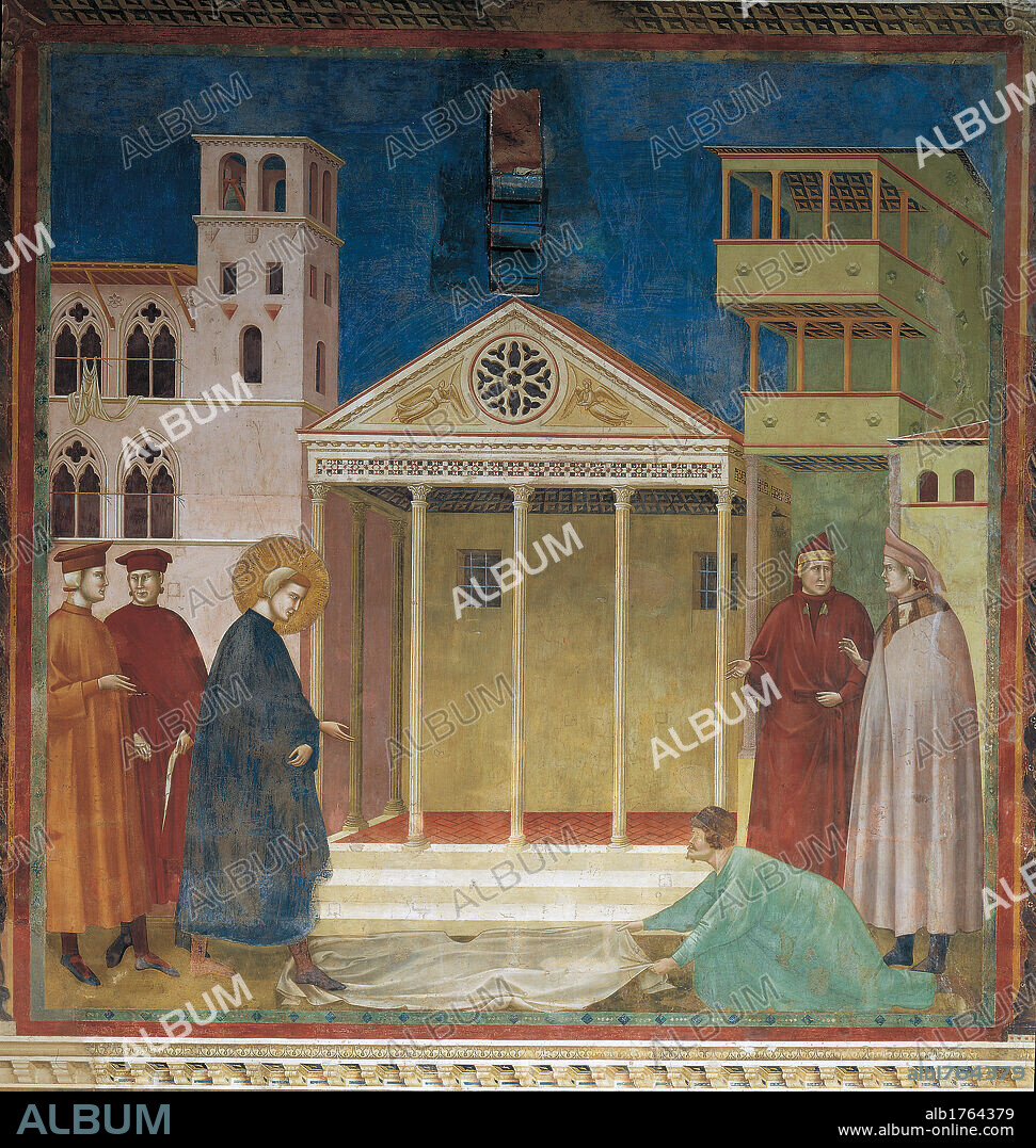 The Homage of the Simple Man, by Giotto, 1300-1305 about, 14th Century, fresco, cm 270 x 230. Italy, Umbria, Perugia, Assisi, Upper Basilica of San Francesco, nave. All. City town Assisi palace the Temple of Minerva the Torre del Popolo houses men Saint Francis aureole halo mantle cloak street square.