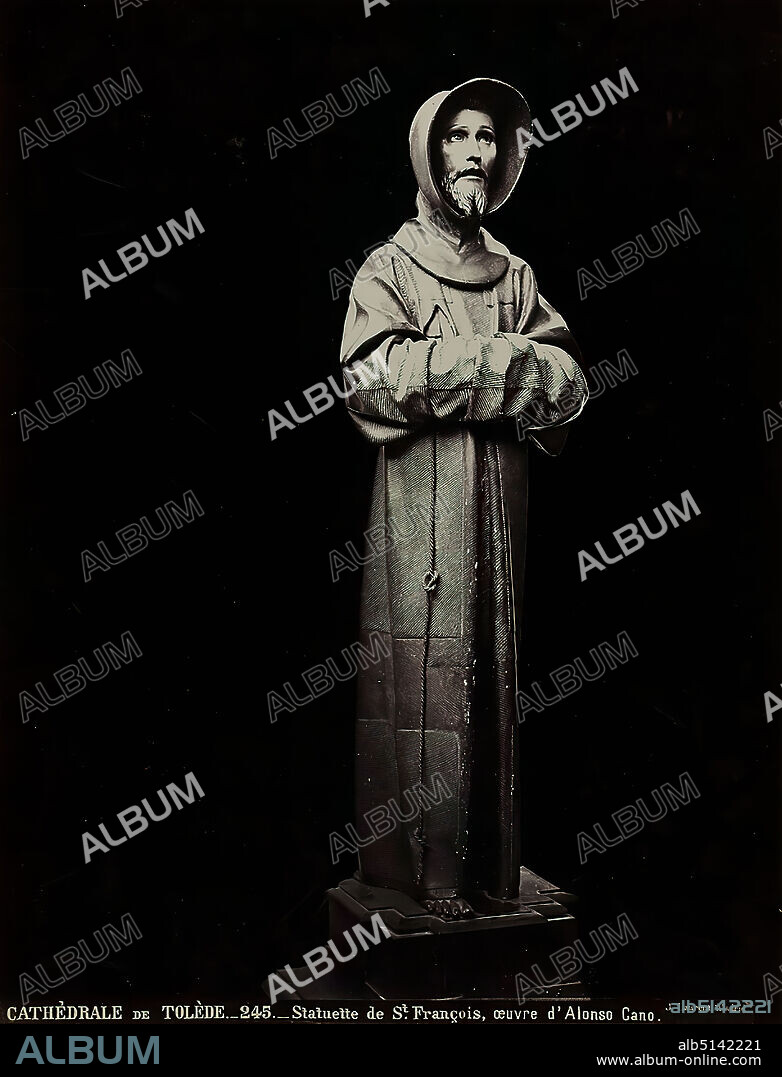 Jean Laurent, Cathédral de Tolède. statuette de St. François, ½uvre d'Alonso Cano, albumin paper, black and white positive process, image size: height: 31.5 cm; width: 23.8 cm, inscribed: recto and: exposed: Cathédral de Tolède. 245. statuette de St. François, ½uvre d'Alonso Cano, J. Laurent Madrid, photography, sculpture, sculpture, sculpture art, church decoration, Francis(iskus) of Assisi, saint.