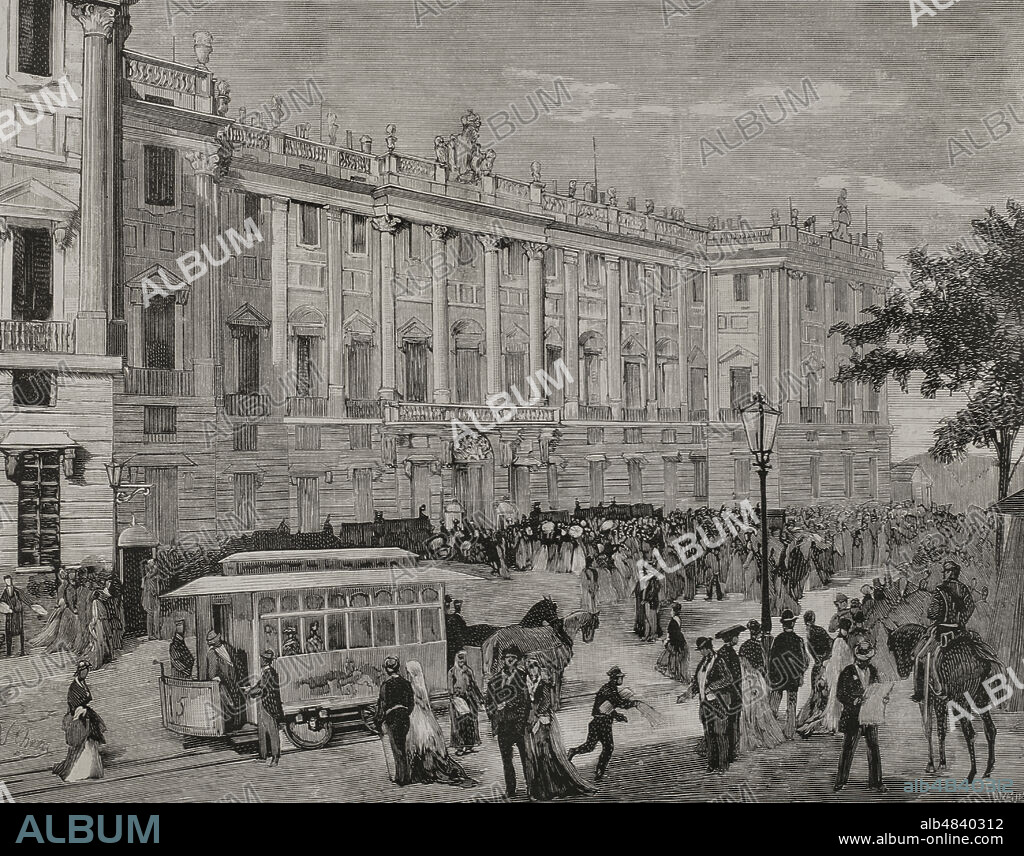 ANDRÉS OVEJERO. 19TH CENTURY SPANISH ENGRAVER.. History of Spain. Mercedes of Orléans (1860-1878). Queen consort of Spain, wife of Alfonso XII. Death of Queen Maria de las Mercedes. Madrid. The public leaving the palace through the Prince's Gate, after having visited the corpse of the Queen. Engraving by Ovejero. La Ilustración Española y Americana, 1878.