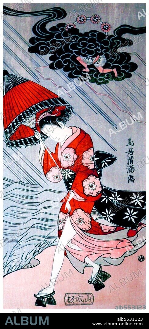 Torii Kiyomitsu (1735 – May 11, 1785) was a painter and printmaker of the Torii school of Japanese ukiyo-e art; the son of Torii Kiyonobu II or Torii Kiyomasu II, he was the third head of the school, and was originally called Kamejiro before taking the go Kiyomitsu. Dividing his work between actor prints and bijinga (pictures of beautiful women), he primarily used the benizuri-e technique prolific at the time, which involved using one or two colors of ink on the woodblocks rather than hand-coloring; full-color prints would be introduced later in Kiyomitsu's career, in 1765. Raijin is a god of lightning, thunder and storms in the Shinto religion and in Japanese mythology. He is typically depicted as a demonic spirit beating drums to create thunder, usually with a <i>tomoe</i> symbol drawn on the drums.