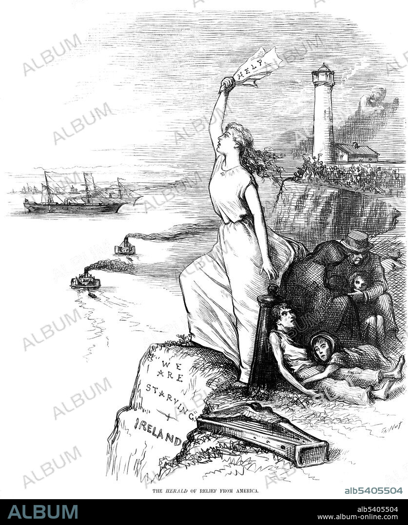Woman holding up a sign for help to American ships with family huddled behind her. The Irish famine of 1879 was the last main Irish famine. Unlike the earlier Great Famines of 1740-41 and 1845-52, the 1879 famine (sometimes called the mini-famine or an Gorta Beag) was not marked by many deaths, mainly increased hunger, and was largely focused in the west of Ireland. Aid arrived from the United States which now had a considerable Irish American population because of the previous famine. $200,000 was collected by the New York Herald by late February 1880. Harper's Weekly, February 28, 1880 (cropped and cleaned).