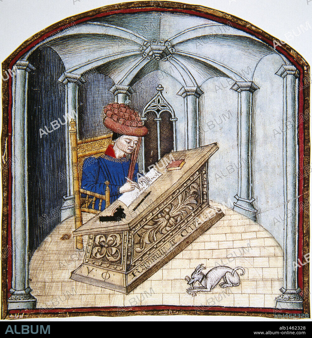 NOBLE ESCRIBIENDO UN MANUSCRITO. Miniatura perteneciente al "Livre des Cent Ballades". Siglo XV. Castillo de Chantilly. Francia.