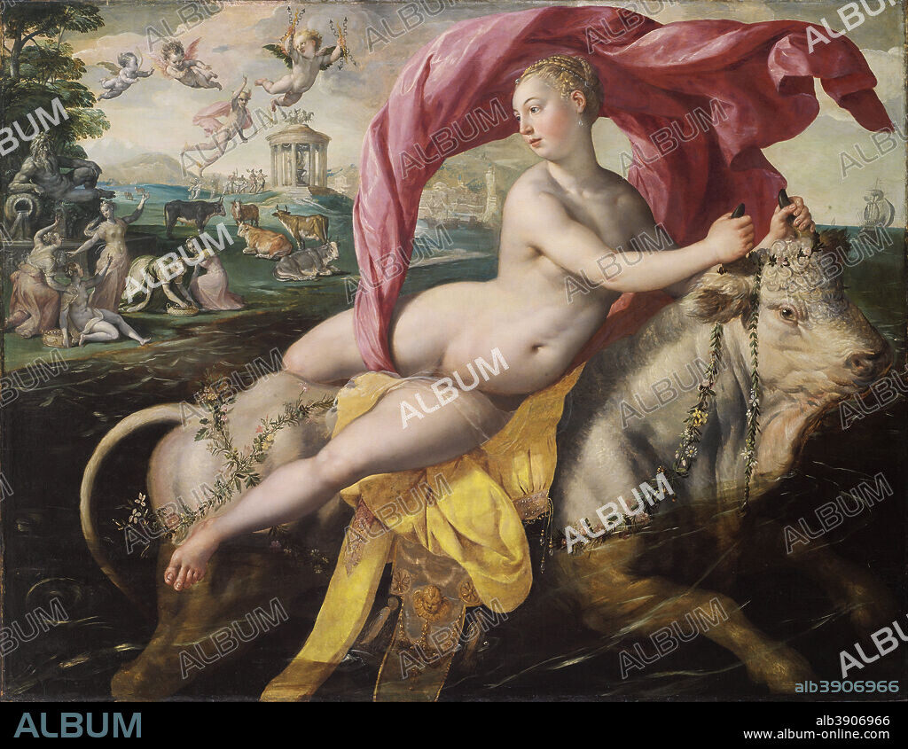 MAERTEN DE VOS. The Rape of Europa. Date/Period: C.-1590. Painting. Oil on oak panel. Height: 1,337 mm (52.63 in); Width: 1,745 mm (68.70 in).