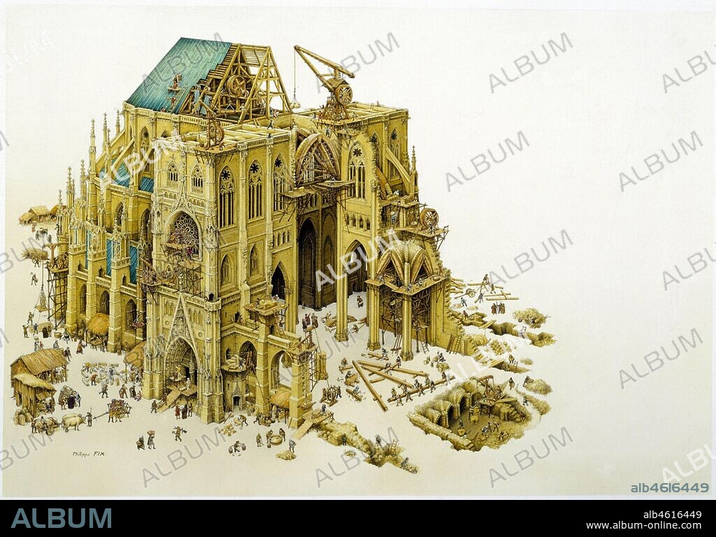 CONSTRUCCION DE UNA CATEDRAL DE LA EDAD MEDIA. Ilustración de Philippe Fix, siglo XX.