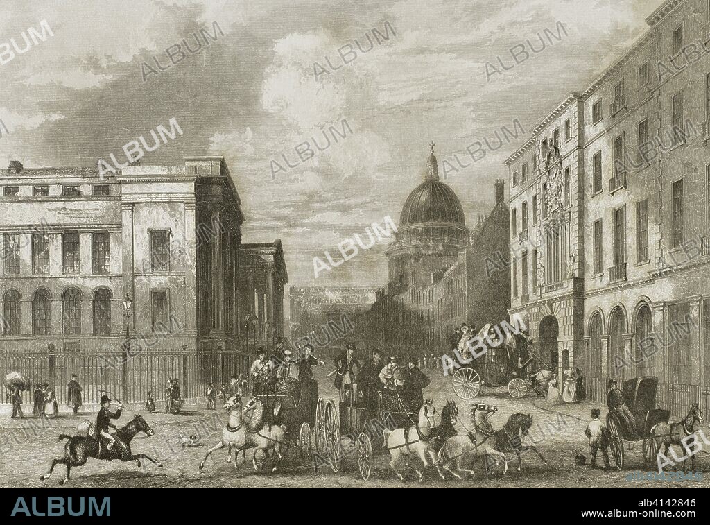 Reino Unido. Inglaterra. Londres. Extremo inferior de St. Martin's Le Grand, con la oficina de correos y la Catedral de St. Paul (San Pablo). Grabado por John Woods (fl.1835-1855) a partir de una composición de Hablot Knight Browne (1815-1882) ("Phiz") y Robert Garland. "London and its Environs", h. 1840 (Londres y sus Alrededores). Biblioteca Histórico Militar de Barcelona, Cataluña, España.