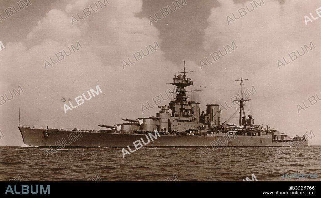 'H.M.S. Hood', 1935. Named after the 18th century Admiral Samuel Hood, HMS Hood was the largest ship in the Royal Navy when she was commissioned in 1920. She was sunk by the German battleship 'Bismarck' in the North Atlantic on 24 May 1941 with the loss of all but 3 of her crew of 1418. [Wright & Logan, Southsea, 1935].