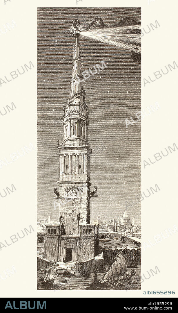 The Lighthouse on Pharos island, Alexandria, Egypt, after a fanciful 19th century illustration. It was one of the seven wonders of the ancient world. From Afrika, dets Opdagelse, Erobring og Kolonisation, published in Copenhagen, 1901.