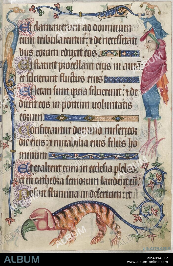Psalm 106; grotesques. Luttrell Psalter. England [East Anglia]; circa 1325-1335. [Whole folio] Psalm 106. Border decoration with grotesques. The inner margin with a bird grotesque. In the outer margin, one in the form of a bird with the upper body of a hooded man, with a small boy perched on his head who wears a jester's cap and grasps a branch. In the lower margin, an animal with a green beak, and a striped tiger-like body, with tail ending in foliage  Image taken from Luttrell Psalter.  Originally published/produced in England [East Anglia]; circa 1325-1335. . Source: Add. 42130, f.197. Language: Latin.