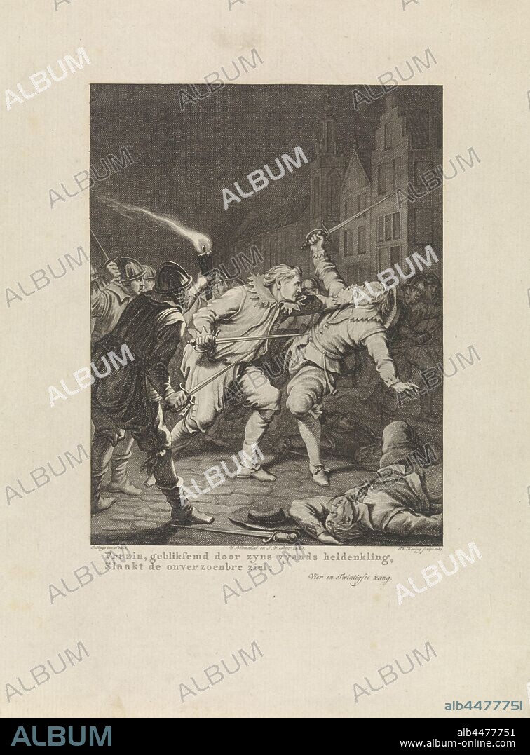 Frezin killed by Goignies, 1581 Frezin, flashed by his father's hero, / Suks the irreconcilable soul, (title on object) Scenes from the life of Prince William I, 1568-1584 (series title), Frezin (Fresin), the traitor of Breda, is killed by Goignies with the sword, 1581. This print is part of a series of 24 prints with scenes from the life of Prince Willem I, 1568-1584 and is an illustration for the twenty-fourth singing, violent death, being killed, being mishandled and maltreated, seeking death, Breda, Goignies, Theodoor Koning (mentioned on object), Amsterdam, 1787, paper, engraving, h 270 mm × w 207 mm.
