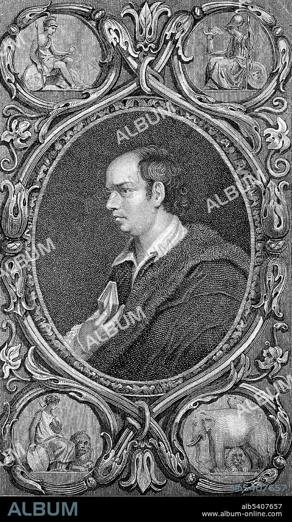 Oliver Goldsmith (February 9, 1728 - April 1, 1774) was an Irish novelist, playwright and poet, who is best known for his novel The Vicar of Wakefield (1766), his pastoral poem The Deserted Village (1770), and his plays The Good-Natur'd Man (1768) and She Stoops to Conquer (1771, first performed in 1773). He is thought to have written the classic children's tale The History of Little Goody Two-Shoes (1765). In 1744 Goldsmith went up to Trinity College, Dublin. Neglecting his studies in theology and law, he fell to the bottom of his class. He was graduated in 1749 as a Bachelor of Arts, but his education seemed to have given him mainly a taste for fine clothes, playing cards, singing Irish airs and playing the flute. Goldsmith was between 5'4" and 5'6" in height, not heavily built but quite muscular and with rather plain features. In character he had a lively sense of fun, was totally guileless, and never happier than when in the light-hearted company of children. Goldsmith was described by contemporaries as prone to envy, a congenial but impetuous and disorganized personality who once planned to emigrate to America but failed because he missed his ship. His premature death in 1774, at the age of 45, may have been partly due to his own misdiagnosis of his kidney infection.  Stipple engraving, no artist credited, undated.