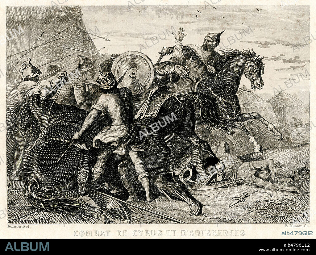 Combat de CYRUS (-424 a -401) et d'ARTAXERCES (-436 a -358) a la bataille de Counaxa (-401). Illustration de 1854 par pour Histoire universelle comprenant les revolutions, les Moeurs, les Costumes de tous les Peuples par A. BREANT (19 s.). Credit : Collection Jonas/Kharbine-Tapabor.