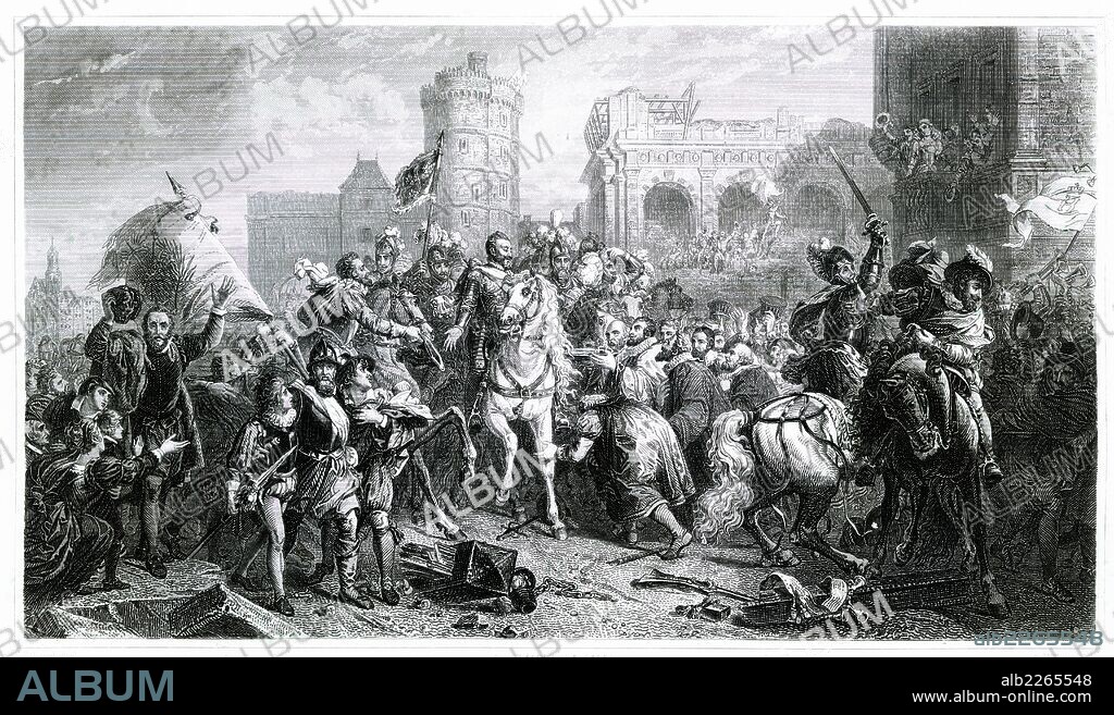 Francia. Entrada de Enrique IV en París en 1594 tras su conversión al catolicismo y ser proclamado rey. Grabado de 1853.