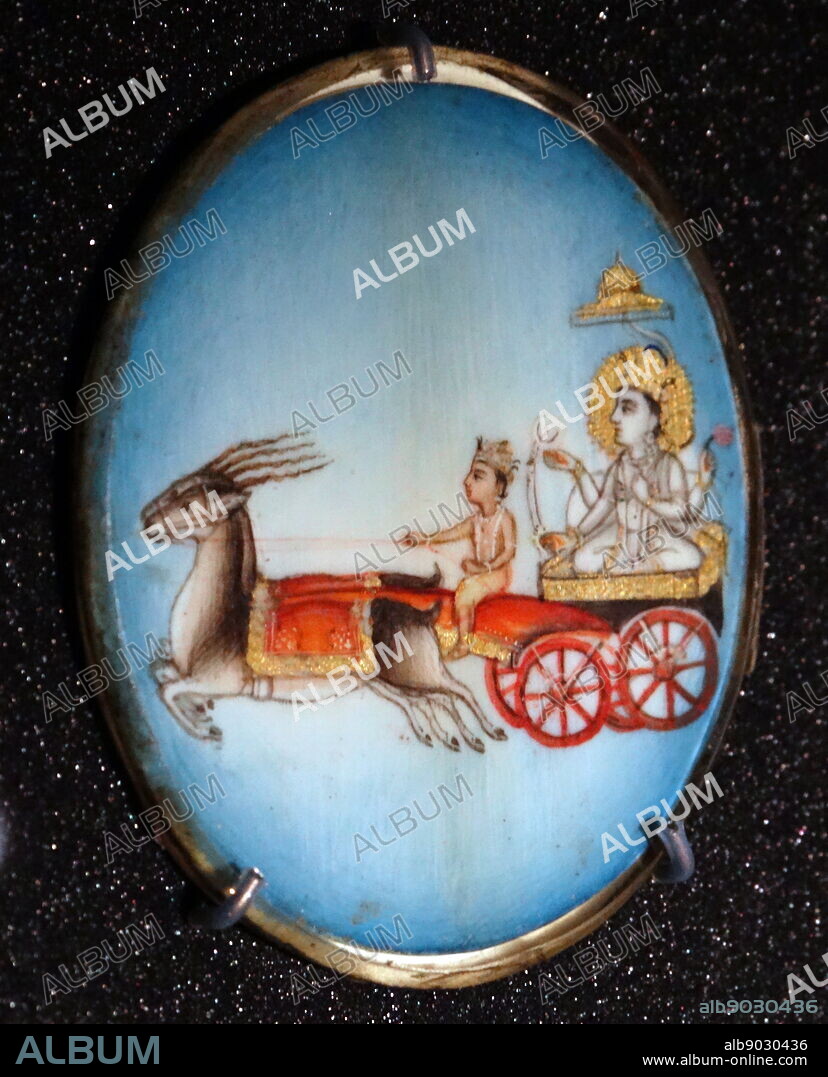 Hindu deity, Chandra the moon god. From a collection of roundels of Hindu deities. Gouache on ivory with pencil, Indian, 19th Century.