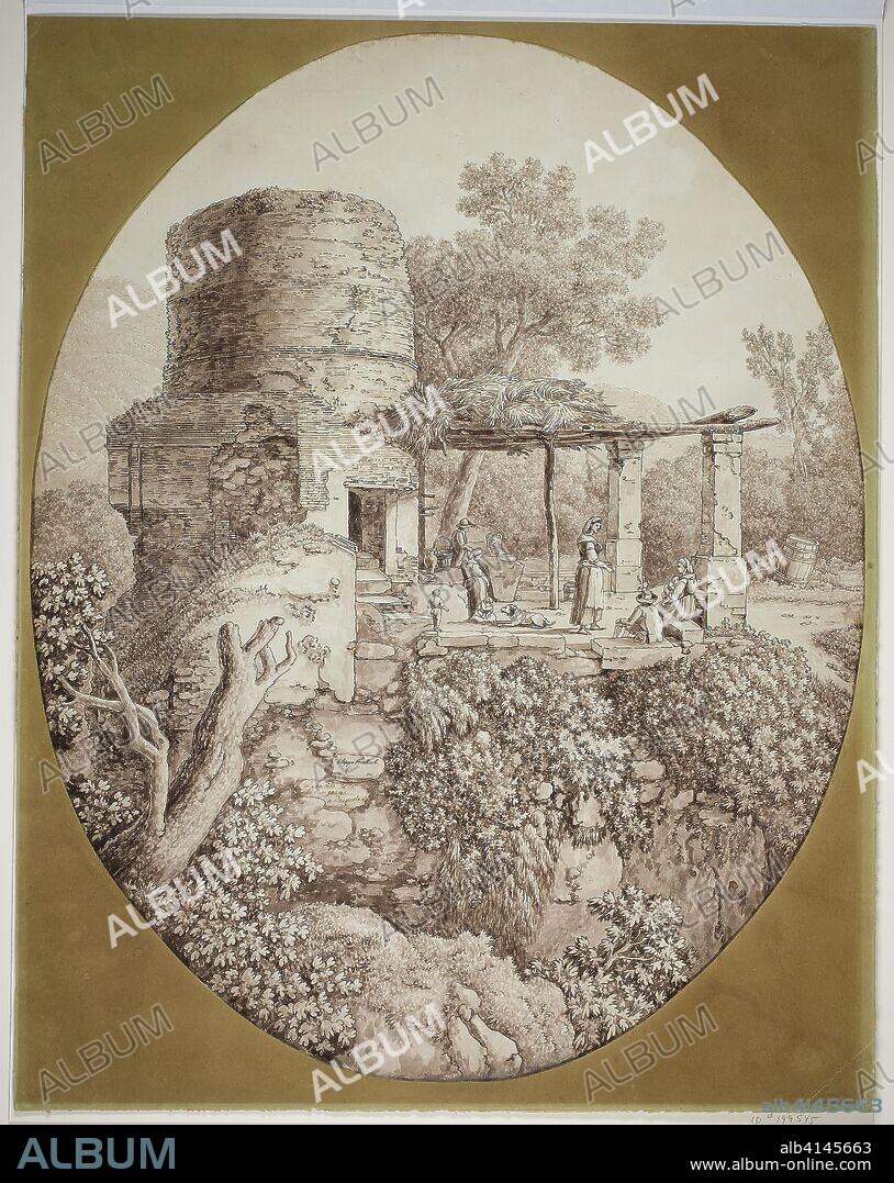 Group of People on a Terrace. Jacob Philipp Hackert; German, 1737-1807. Date: 1797. Dimensions: 554 × 440 mm (ma×). Pen and brown ink and brush and brown wash, with graphite and traces of white gouache, on cream laid paper, laid down on cream laid paper. Origin: Germany.