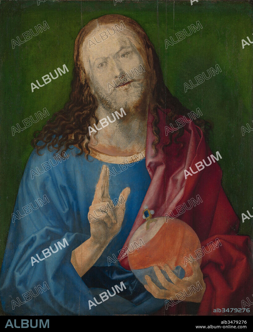 Salvator Mundi, ca. 1505, Oil on linden, 22 7/8 x 18 1/2in. (58.1 x 47cm), Paintings, Albrecht Dürer (German, Nuremberg 1471–1528 Nuremberg), This picture of Christ as Salvator Mundi, Savior of the World, who raises his right hand in blessing and in his left holds a globe representing the earth, can be appreciated both as a painting and as a drawing.
