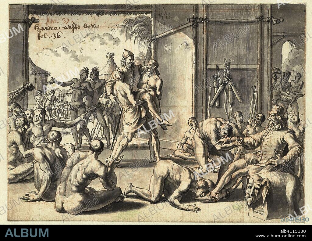 Indianen dragen Columbus een hut binnen. Ontwerpen voor De Aanmerkenswaardigste (...) Zee- en Landreizen (series title). Draughtsman: Jan Goeree. Dating: 1704 - before 1727. Measurements: h 129 mm × w 178 mm.