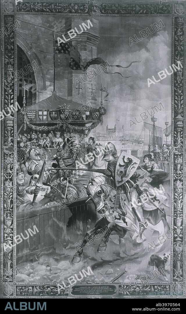 Solemn Joust on London Bridge, late 15th century, (1886). Victorian representation of a jousting match between David de Lindsay, Earl of Crawford and Lord John de Welles, Ambassador of Richard III. The match must have taken place between 1483 and 1495. The victor in the painting bears the arms of John de Wells, who was in fact beaten by Lindsay. The River Thames and the Tower of London can be seen in the background.