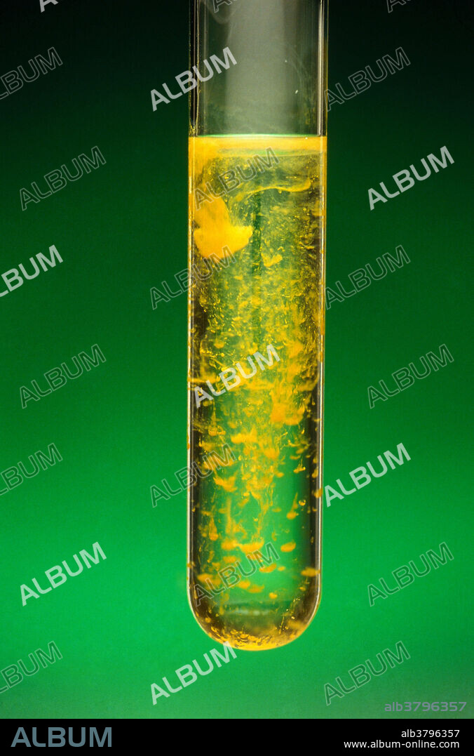 An example of precipitation: Potassium iodide poured into colorless lead nitrate produces yellow lead iodide.