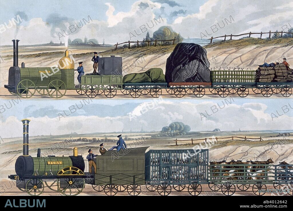 Trains on the Liverpool and Manchester Railway, 1832-1833. A train of wagons (top) and a train of cattle, sheep and pigs (bottom), on the world's first intercity railway, that opened on 15 September 1830. From Coloured view of the Liverpool & Manchester Railway. (London, 1832-1833).