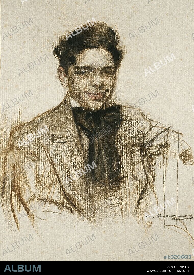 BAGARIA, Luís (Barcelona,1882-Cuba,1940). Caricaturista y pintor español. "EL CARICATURISTA BAGARIA" (hacia 1903-1906). Dibujo realizado por Ramón CASAS (1866-1932). Carboncillo, mina sepia y pastel sobre papel (63,5 x 50 cm). Dibujo. Museu Nacional d'Art de Catalunya. Barcelona.